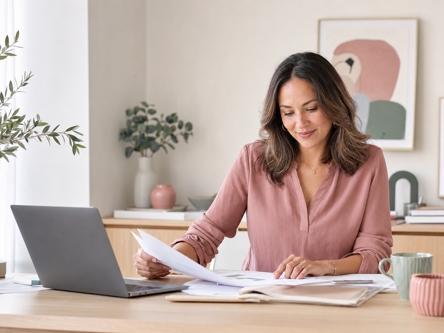 A welcoming accountant reviewing financial documents at her desk